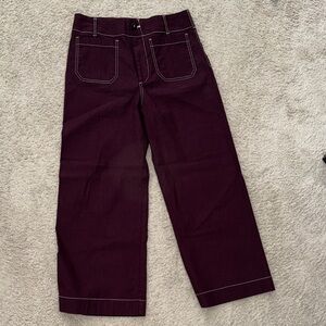 Maeve Dark Burgundy Jeans with White Stitching